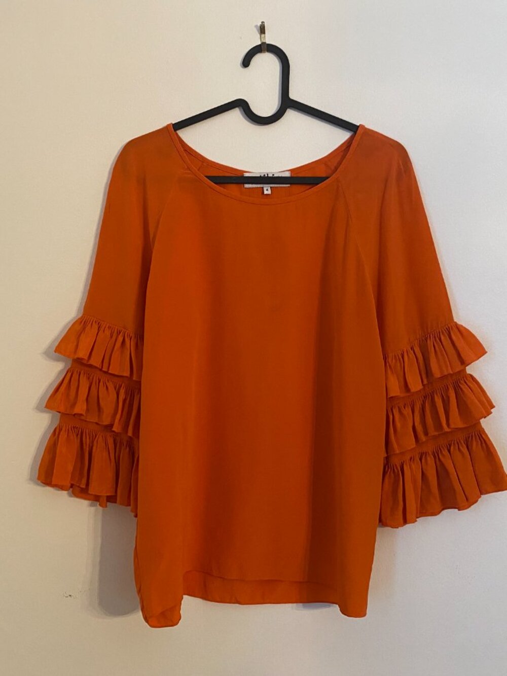 Tibi Orange Ruffle Sleeve 100% Silk Blouse Size 4